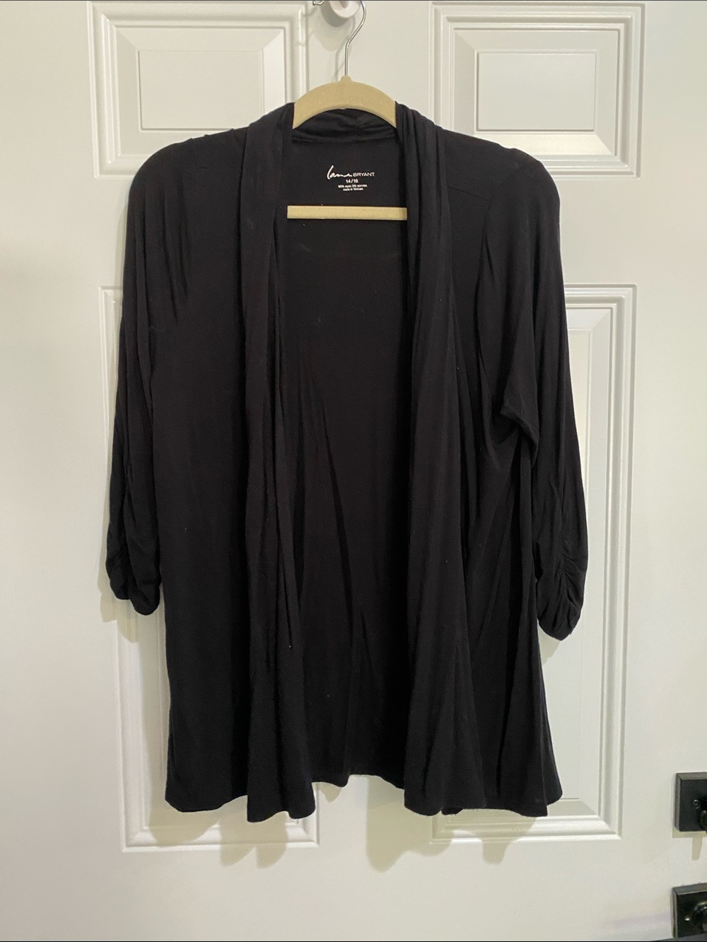 Lane Bryant Black Open-Front Draped Cardigan with Ruched Sleeves